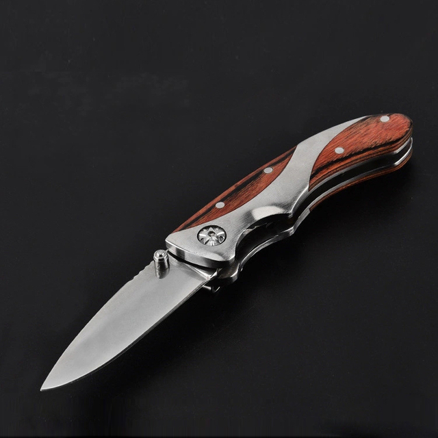 Cuchillas de acero inoxidable Mango de madera de hierro Cuchillos de supervivencia al aire libre portátiles Cuchillo de bolsillo plegable